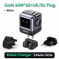 UGREEN Robot GaN 65W pengecas perjalanan 3-Port 2C1A pengecas dinding dengan UK/EU/US plug adapter u