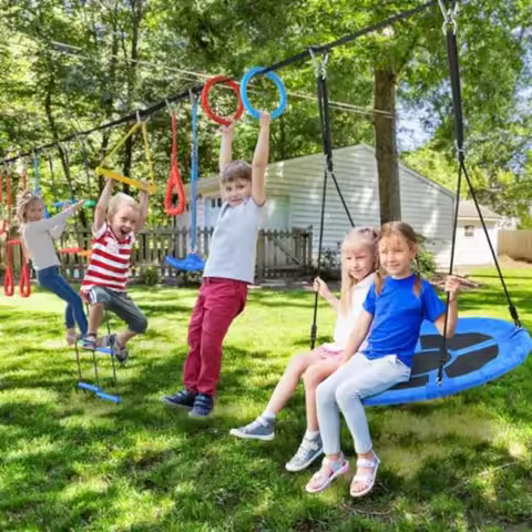 65 ft Ninja Warrior Obstacle Course for with Swing Ninja Rope Course with 11 Obstacles for Backyard