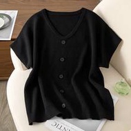 Plus Size 1XL-4XL Spring Summer Women Knit Top Casual Short Sleeves Sweater Top Black