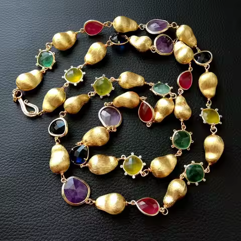 Y·YING Natural Stone Fluorite Lemon Quartz Amethyst Jade Long Necklace Fashion Necklaces 40"