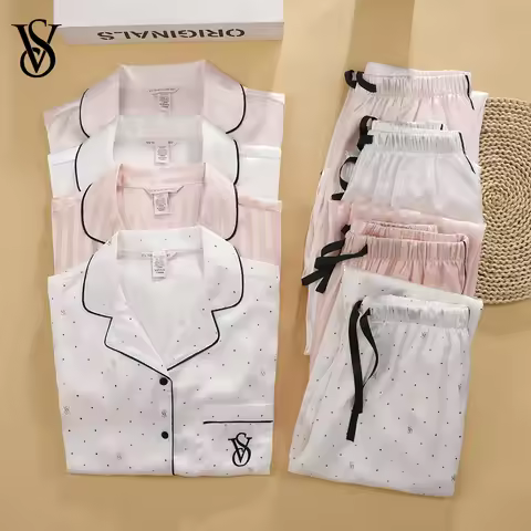 Victoria's Secret Soft Breathable Button Down Pyjama Suit Womens Silk Satin Pajamas Set Short Sleeve