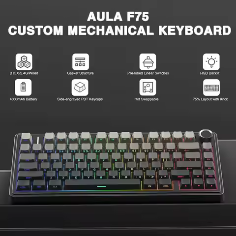AULA F75 Game Mechanical Keyboard RGB Light 2.4G /BT5.0/Wired Tri-Mode Gasket Structure 75% Customiz