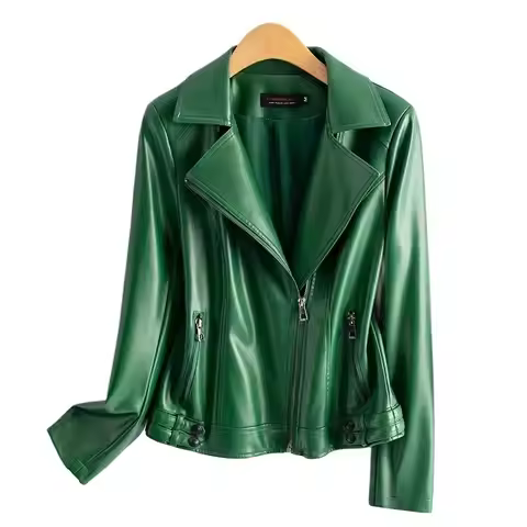 Streetwear Women's 2nd Layer Sheepskin Jacket Genuine Leather Short Coat Autumn Winter Green Moto Bi