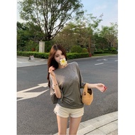 3N Black v-Neck Long-Sleeved T-Shirt Women Summer Three-Quarter Sleeve Loose T-Shirt chic Temperamen