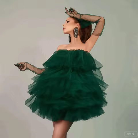 Women's Strapless Dark Green Tulle Ruffled Prom Dress Sheer Gloves Short Cocktail Puffy Mini Length 