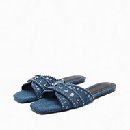Zara's Summer New Style Women's Shoes Blue Denim Shiny Decoration Fashion Flat Sandals 1603210 017
