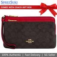 Coach Wristlet In Gift Box Large Wristlet Double Zip Wallet Signature Canvas Walnut Brown Bold Red #