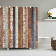 Vintage Style Wood Door Platform 3/4 Wall Bookshelf Shower Curtains Bathroom Curtain Fabric Waterproof Polyester with Hooks