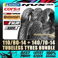TAYAR MCR,CONTINENTAL,GRT,MICHELIN,CORSA,DURO,FKR,IRC,DELI,SWALLOW TUBELESS TYRE 110/80-14 + 140/70-