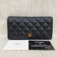 CHANEL A31509 COCO 黑色荔枝皮菱格金釦 拉鍊零錢包對折長皮夾