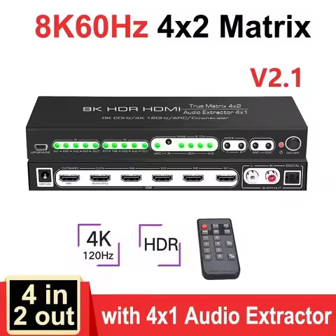 HDR10 ARC 8K 60Hz HDMI Matrix 4x2 Dolby 4K HDMI Splitter 4 In 2 Out 4K120Hz Video Switch Audio Extra