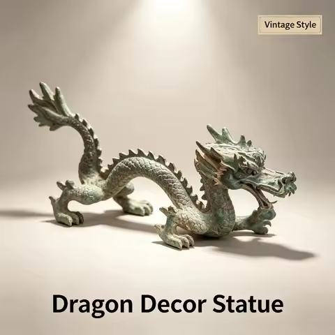 Vintage Dragon Decorative Figurine Resin Mythical Statue Bronze Green Patina Craft Ornament for Home