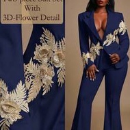 Plus Size Women's Elegant Navy Blue Thread Embroidered 3D Floral Decor Blazer And Flared Pants Set F