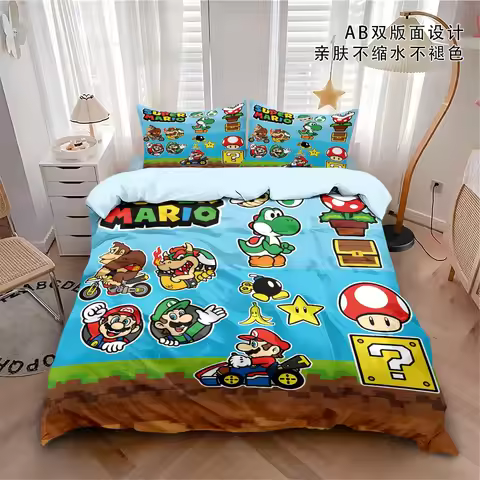 3D Anime Super Mario Cartoon Duvet Cover Soft Skin-Friendly Breathable Bedding Set with Zipper for K