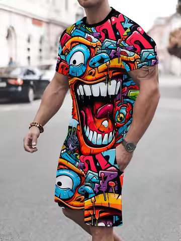 The 2025 summer new men's suit features hip-hop style printed outdoor streetwear, comfortable, soft 