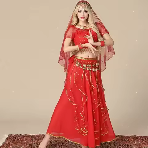 Short Sleeve Choli Top Maxi Swing Skirt 7-Piece Sari Performance Outfit Women's Bollywood Indian Dan