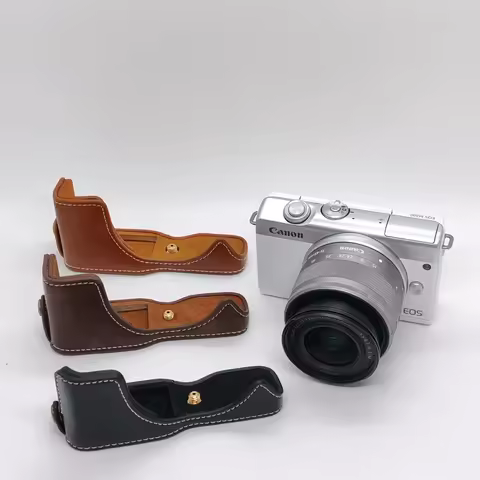 PU Leather Half Body Camera Case For Canon EOS M200 M100 M10 15-45mm Battery Opening Bottom Base Cov