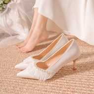 [Ready Stock] Pointed Toe Stiletto Heel Shoes Women 2024 Autumn New Style Shallow Mouth Lace Pearl High Heels Satin Wedding Shoes Bridesmaid Shoes Balance Anti-slip Breathable Student Party Office Worker