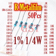 50Pcs Metalfilm Resistor 1 ohm 4R7 4.7r 5R6 5.6r 10 22 27 47 100 120 150 220 270 330 470 560 820 ohm