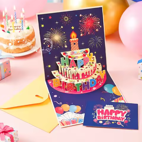 3D Pop-Up Happy Birthday Card – Featuring a Birthday Cake, Birthday Candles, and Fireworks Pattern, 
