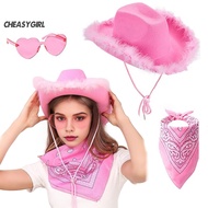 3Pcs/Set Cowboy Hat Set Women Pink Western Felt Cowgirl Hat with Bandana Glasses Accessories Headwea