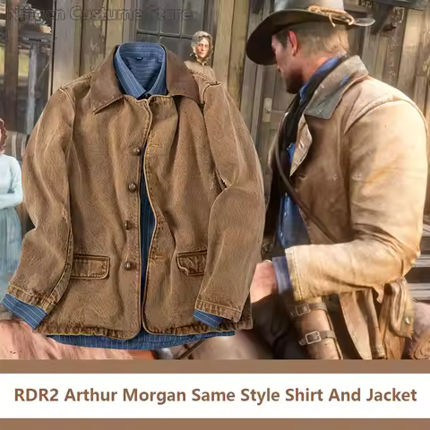 Game RDR2 Arthur Morgan Same Style Jacket Western Denim Cosplay Costumes Brown Jacket And Blue Shirt