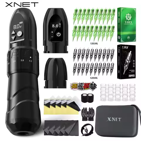 XNET F2 Wireless Tattoo Machine Full Kit Custom Motor 2400mAh Battery 40pcs Needles 3/5RL Tattoo Beg