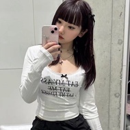 Korea Korea Badblood Lace Lace Bow U-Neck Knitted Long-Sleeved T-Shirt Hot Girl Pure Desire Slim-Fit