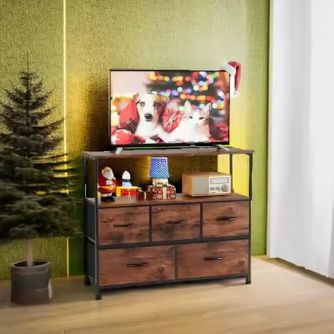 TV Stand for Bedroom, TV Dresser for 45 inches, Media Console Table, Entertainment Center with 5 Fab