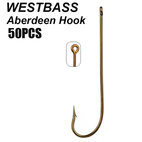 WESTBASS 50PCS Aberdeen Hooks 4#-6/0# Barbed Single Hook High Carbon Steel Fishhooks Offset Worm Fis