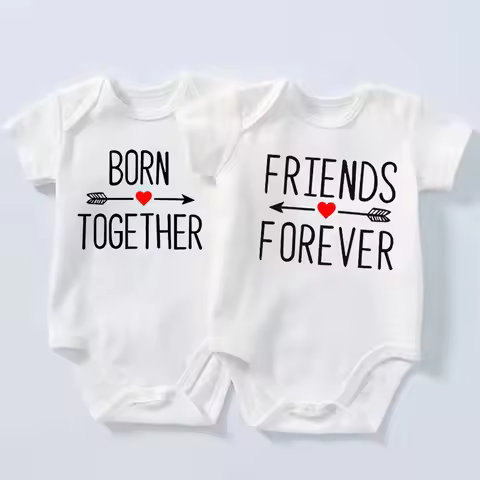 1Pc Born Together and Friends Forever Newborn Clothes Summer Short Sleeves Rompers Twins Baby Bodysu