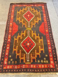 “Handmade Afghan Tribal Carpet – 194x108 cm Hand-Knotted with Geometric Design in Red and Dark Blue”