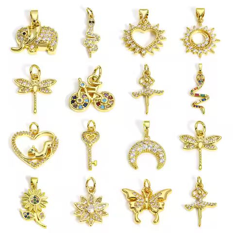 2pcs New Brass Charms Gold Color Animal Butterfly Elephant Sun Micro Pave Clear Cubic Zirconia Penda