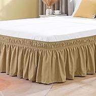 VOCANDER Khaki Queen Size Bed Skirt 16 Inch Drop Easy to Put On-Elastic Wrap Around Dust Ruffle for Bed Frame &amp; Mattress-Luxury Wrinkle Free Microfiber Fabric Machine Washable