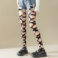 Nữ Rách Fishnet Quần Viền Đau Khổ Punk Y2K Grunge Goth Thẩm Mỹ Chống Trơn Trượt Co Giãn Polyester Qu