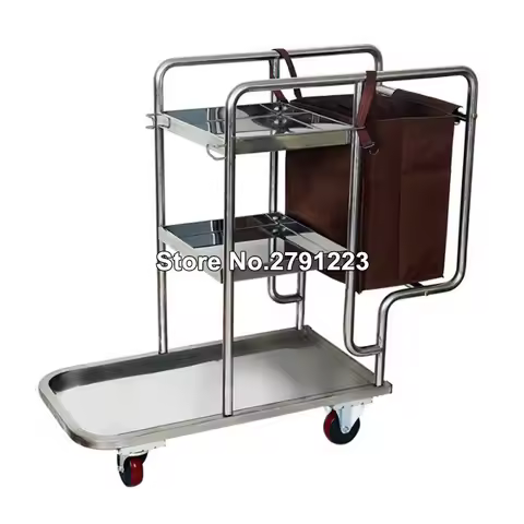 Stainless Steel 3 Shelf Janitor Cart With Cloth Bag Housekeeping Cart Hotel Mute Wheel Commercial Ho
