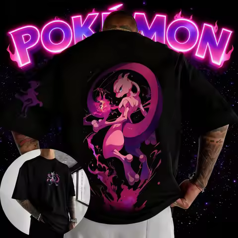 2025 Summer Poksammon Animation Brand 100%Cotton Mewtwo Printed T-shirt for Men and Children Harajuk
