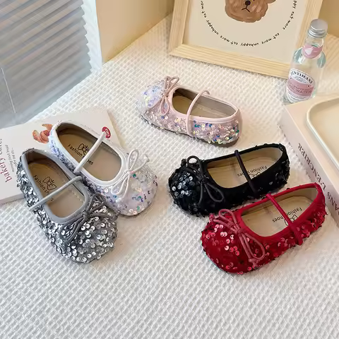 Kids Chanel Style Low-Cut Flats - Korean Spring Autumn Soft Sole Sequins Princess Shoes for Girls