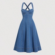Women's Denim Camisole Dress, Casual Fitted Mid-Length Blue, Vacation Outfits Woman, Romantic Dresse