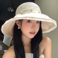 Root Bow Yarn European Brim Style Female Pearl Big Sunscreen Sunshade Sun Breathable Bucket Hat Hat 