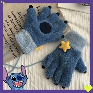 Disney Cartoon Lilo & Stitch Gloves Stitch Blue Paw Thicken Plush Mittens Winter Warm Gloves Kids Ad