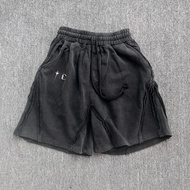 High Street Style THUG CLUB ปักล้างฉีกเย็บปะติดปะต่อขาตรงกางเกงขาสั้นลําลองสําหรับผู้ชายและผู้หญิง