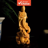 Handcrafted Wooden Guanyin Buddha Statue Traditional Chinese Dragon Pattern Home Living Room Decor E