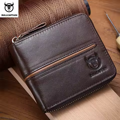 Bullcaptain retro RFID zipper with compartment men's wallet RFID credit card holder anti-theft leath