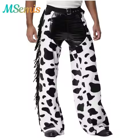 Mens Tassel Chaps Pants Open Crotch Biking Riding Cowboy Cospaly Costume Cow Spot Pattern Side Chaps
