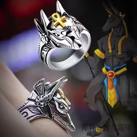 Vintage Wolf Head Men Ring Egyptian Anubis God Cosplay Props Rings Jewelry Punk Style Knuckle Finger