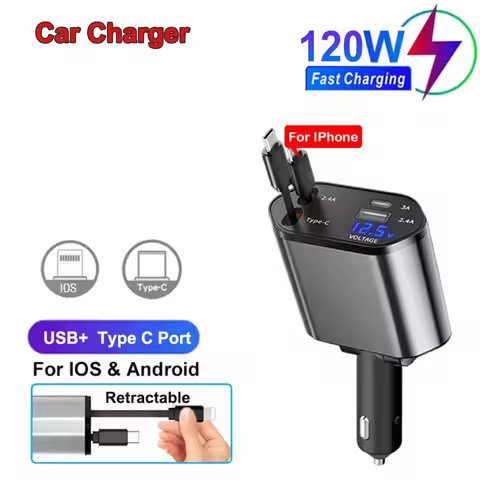 120W 5 In 1 Retractable Car Charger USB C Cable 3 Ports with Retractable Cords with Volt Display For