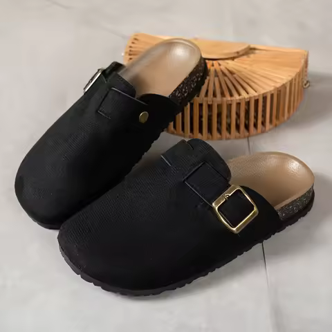Women Suede Clog Mule Slippers Adjustable Buckle Closed Toe Backless Flat Indoor Outdoor Casual Shoe