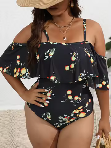 Ruffle Large Plus Size Swimsuit Women One Piece Printed Swimwear Female Bathers Bathing Swimming Swi