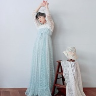 裊裊百貨公司-Vintage 水藍色全蕾絲緞帶背心洋裝